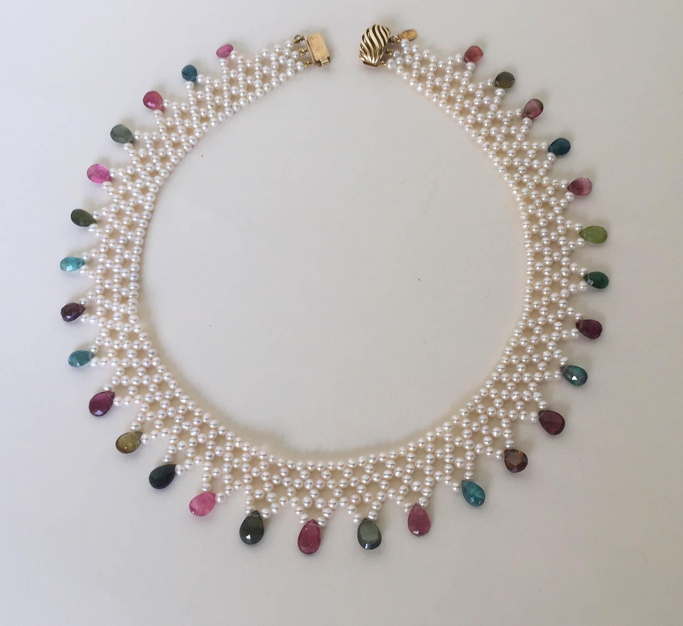 Marina J Pearl and Multi-Color Tourmaline Woven Necklace with Vintage 14 K Gold  2