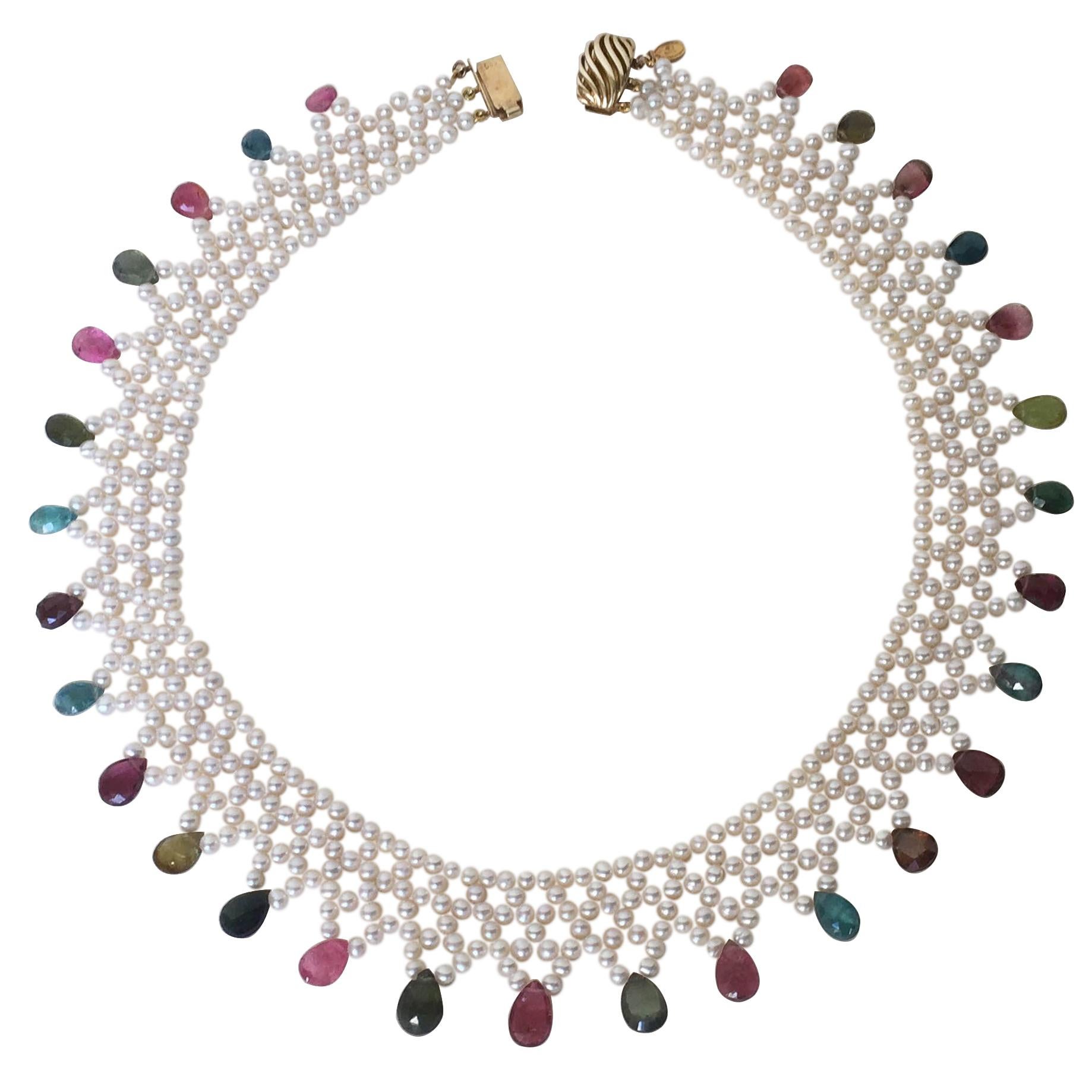 Marina J Pearl and Multi-Color Tourmaline Woven Necklace with Vintage 14 K Gold 
