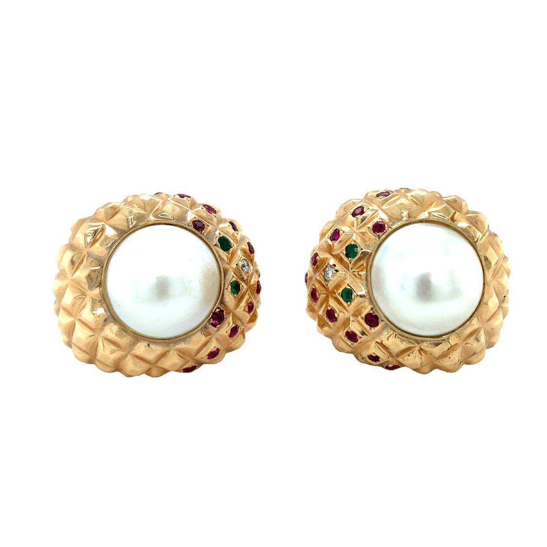 Women's Pearl and Multi-Gem 18K Yellow Gold Earrings For Sale