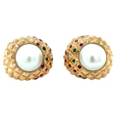 Vintage Pearl and Multi-Gem 18K Yellow Gold Earrings