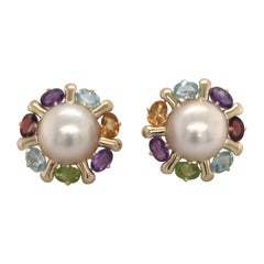 multi pearl earrings Pearl and Multi Gemstone Yellow Gold Earrings 14 Karat