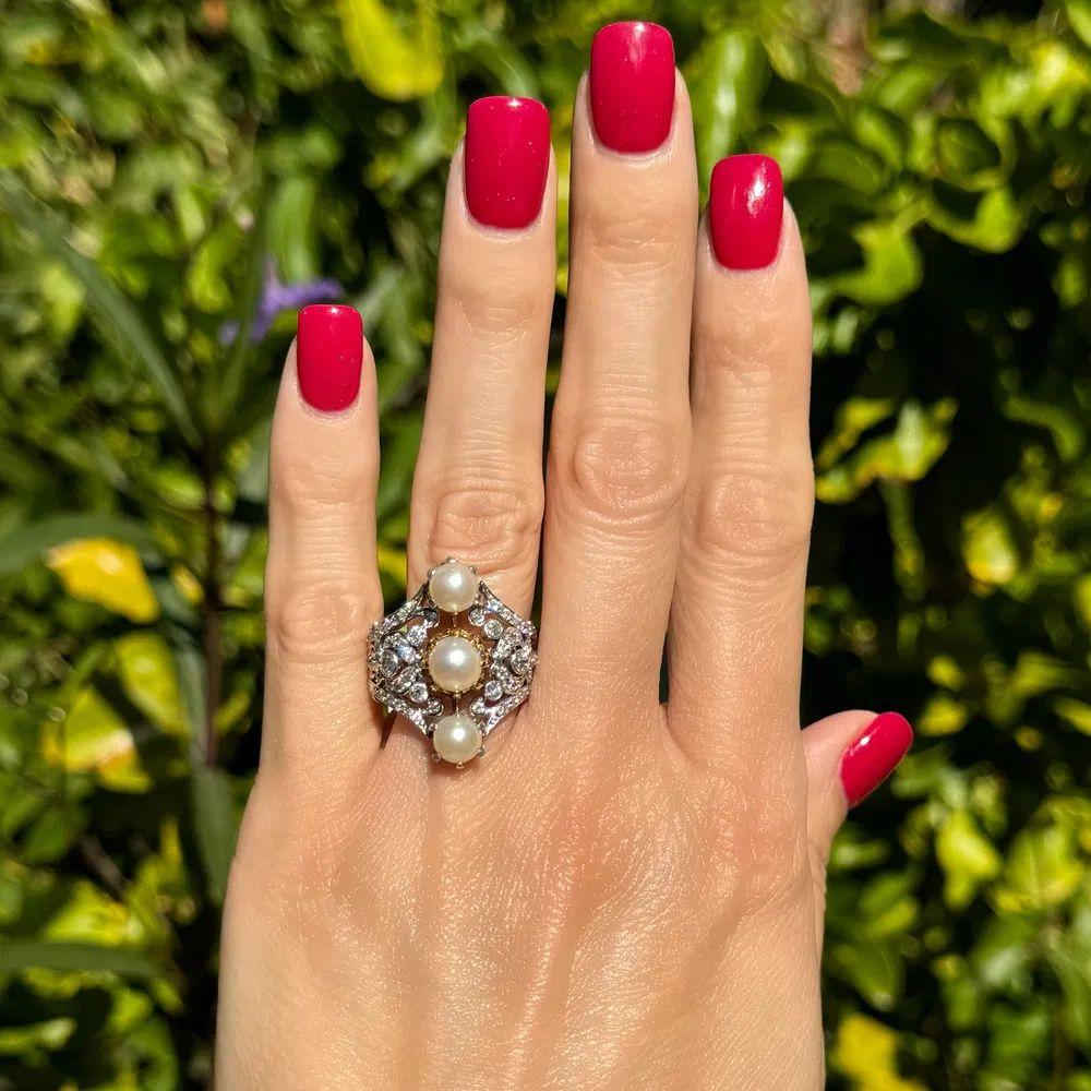 Retro Pearl and OEC Diamond Lacey Navette Edwardian Vintage Platinum Cocktail Ring For Sale