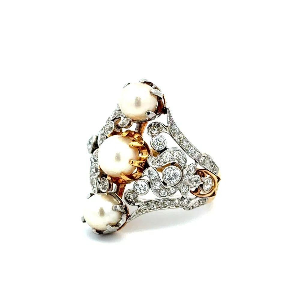Pearl and OEC Diamond Lacey Navette Edwardian Vintage Platinum Cocktail Ring For Sale 1