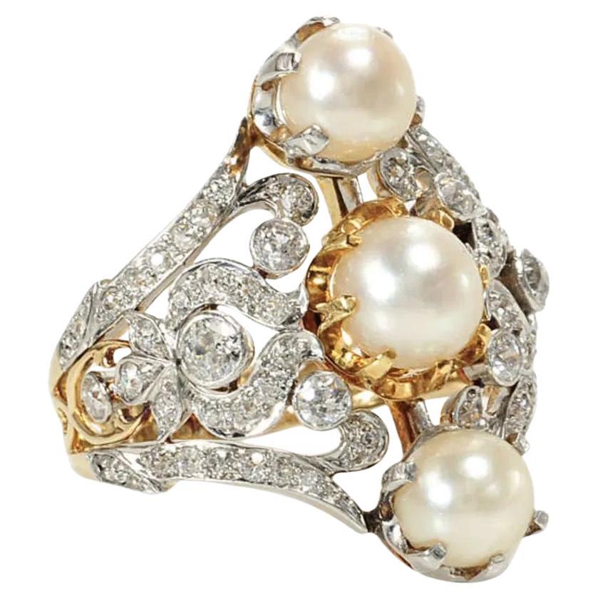 Anillo de cóctel en platino con perlas y diamantes OEC Lacey Navette Edwardian Vintage