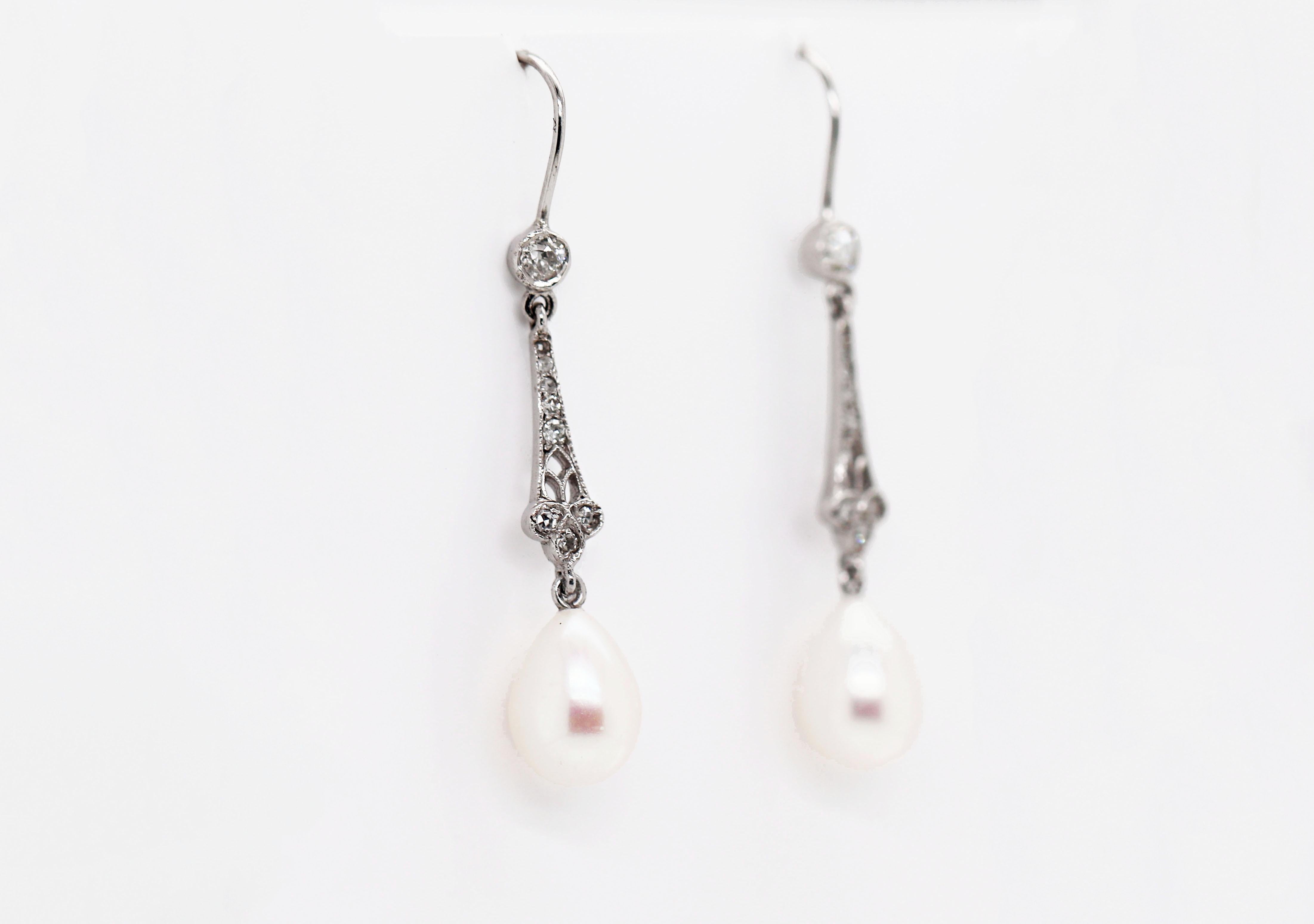Romantic Pearl and Old Cut Diamond 18 Carat White Gold Drop Hook Earrings