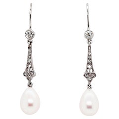Pearl and Old Cut Diamond 18 Carat White Gold Drop Hook Earrings