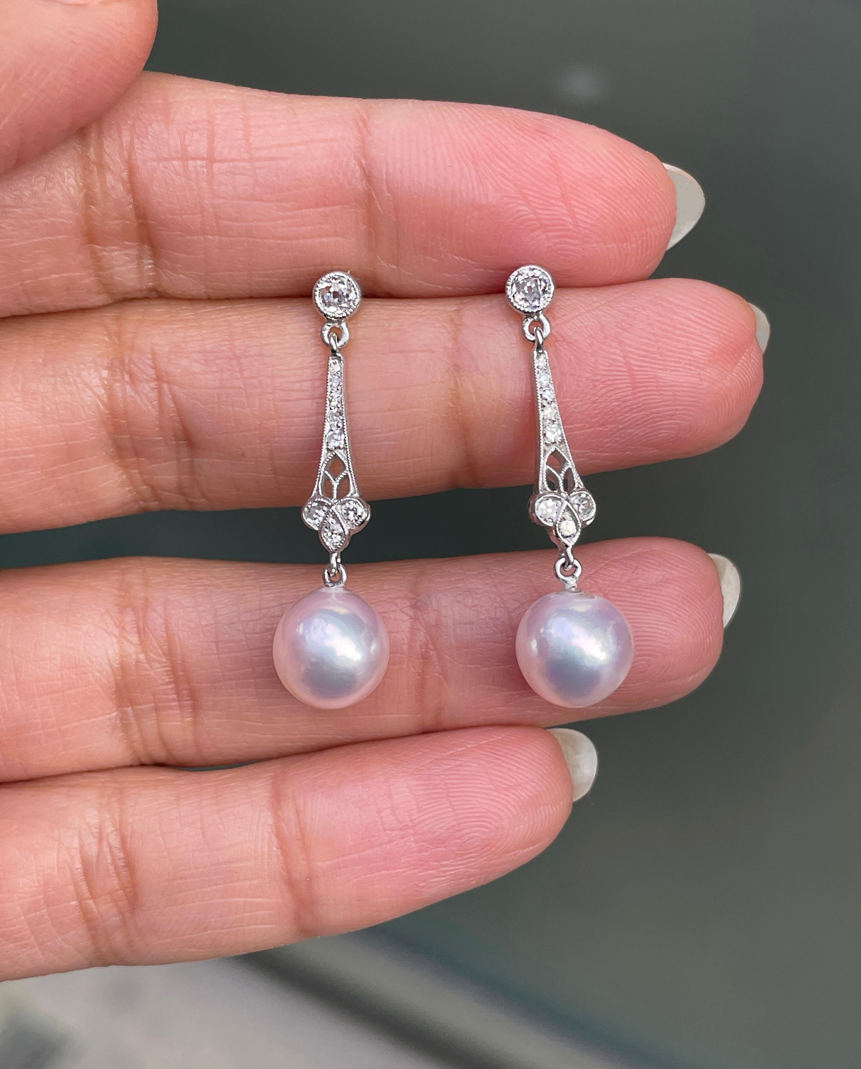 Romantic Pearl and Old Cut Diamond Open Work Platinum Drop Earrings For Sale