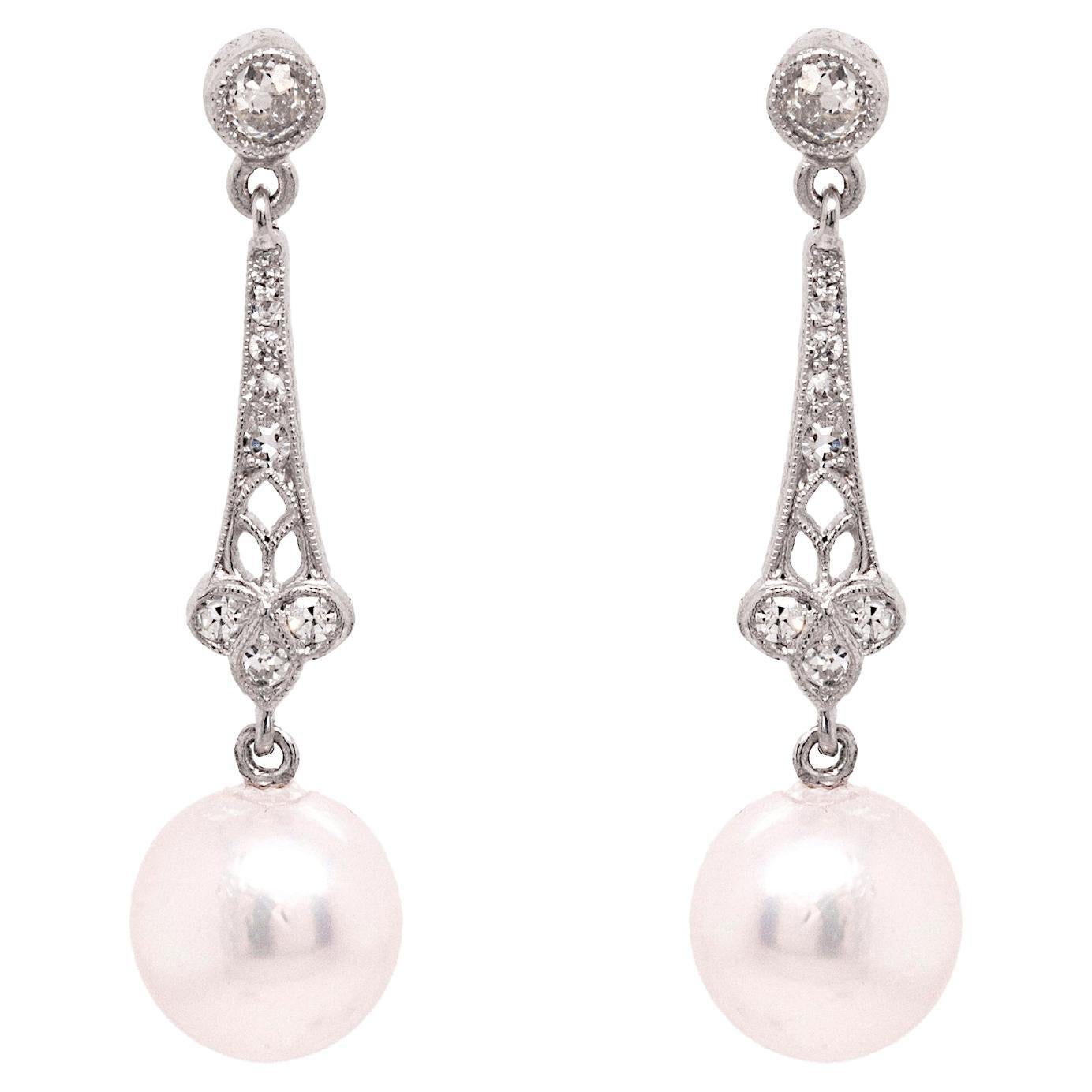 Pearl and Old Cut Diamond Open Work Platinum Drop Earrings For Sale