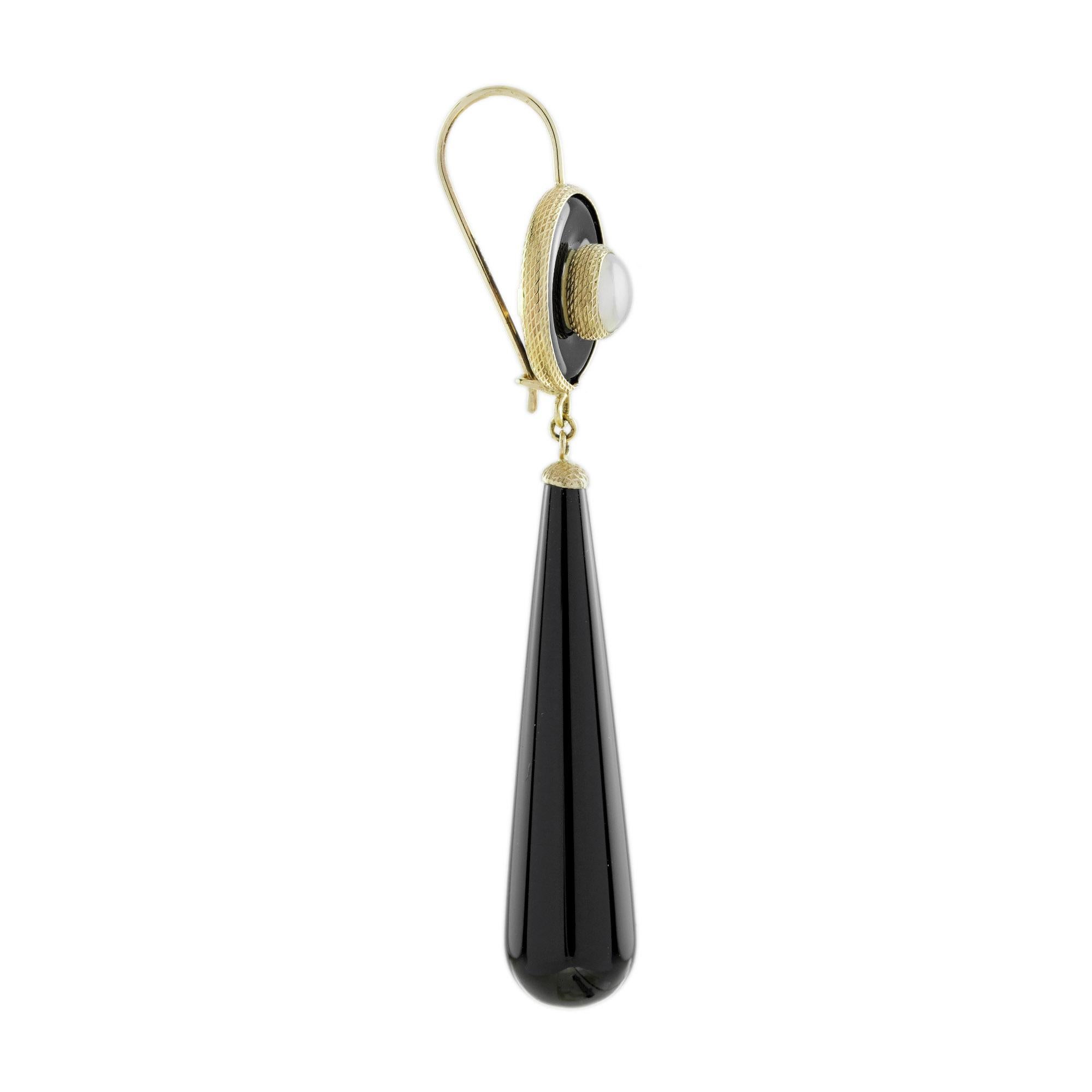Round Cut Pearl and Onyx Art Deco Style Drop Earrings in 9K Yellow Gold