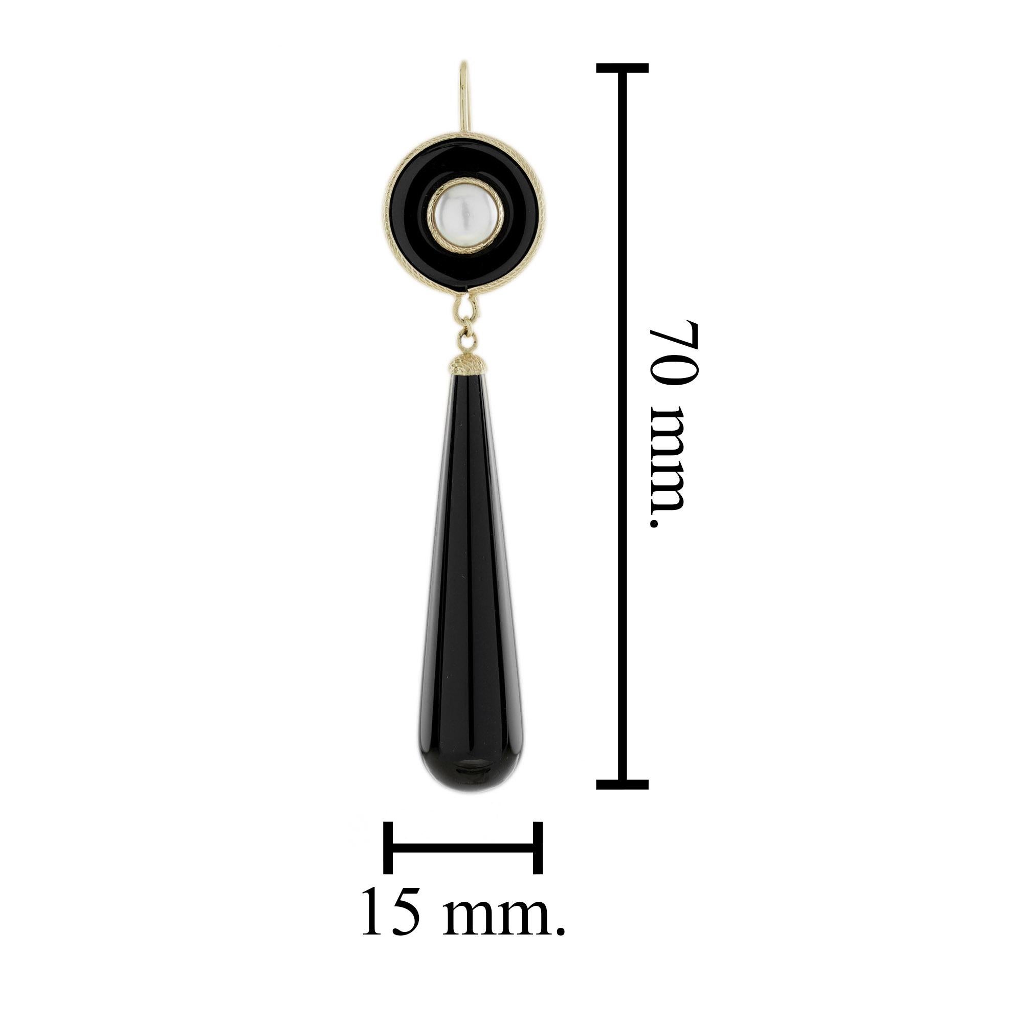 Women's Pearl and Onyx Art Deco Style Drop Earrings in 9K Yellow Gold