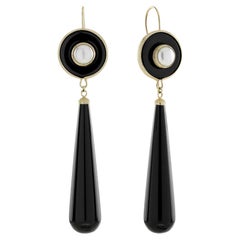 Pearl and Onyx Art Deco Style Drop Earrings in 9K Yellow Gold