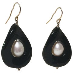 Pearl and Onyx Earrings with 14 Karat Yellow Gold Hook