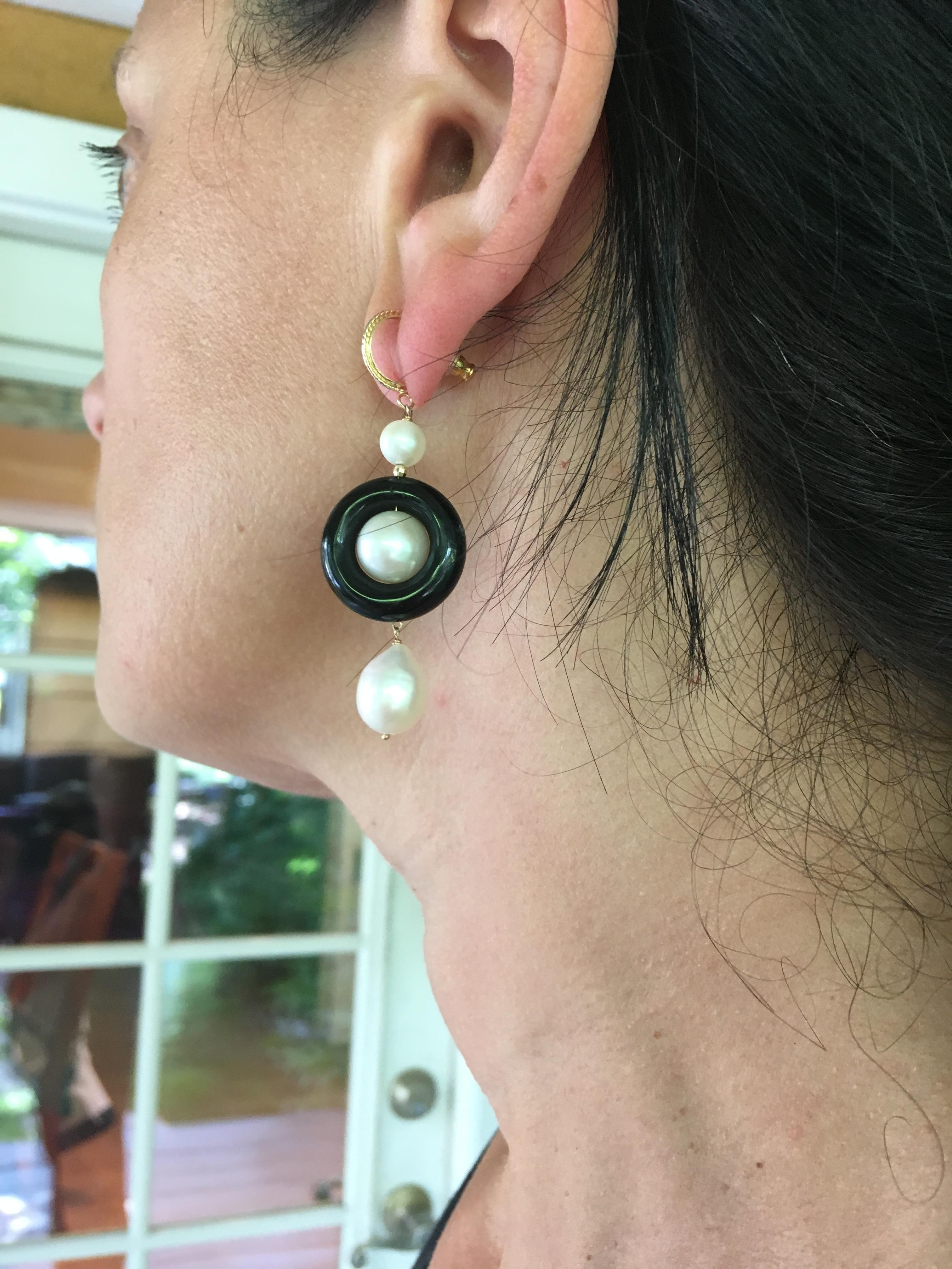 Bead Marina J Pearl and Onyx Earrings with 14 Karat Yellow Gold Stud