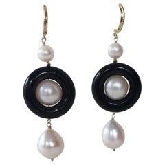 Marina J Boucles d'oreilles en perles et onyx avec clous en or jaune 14 carats