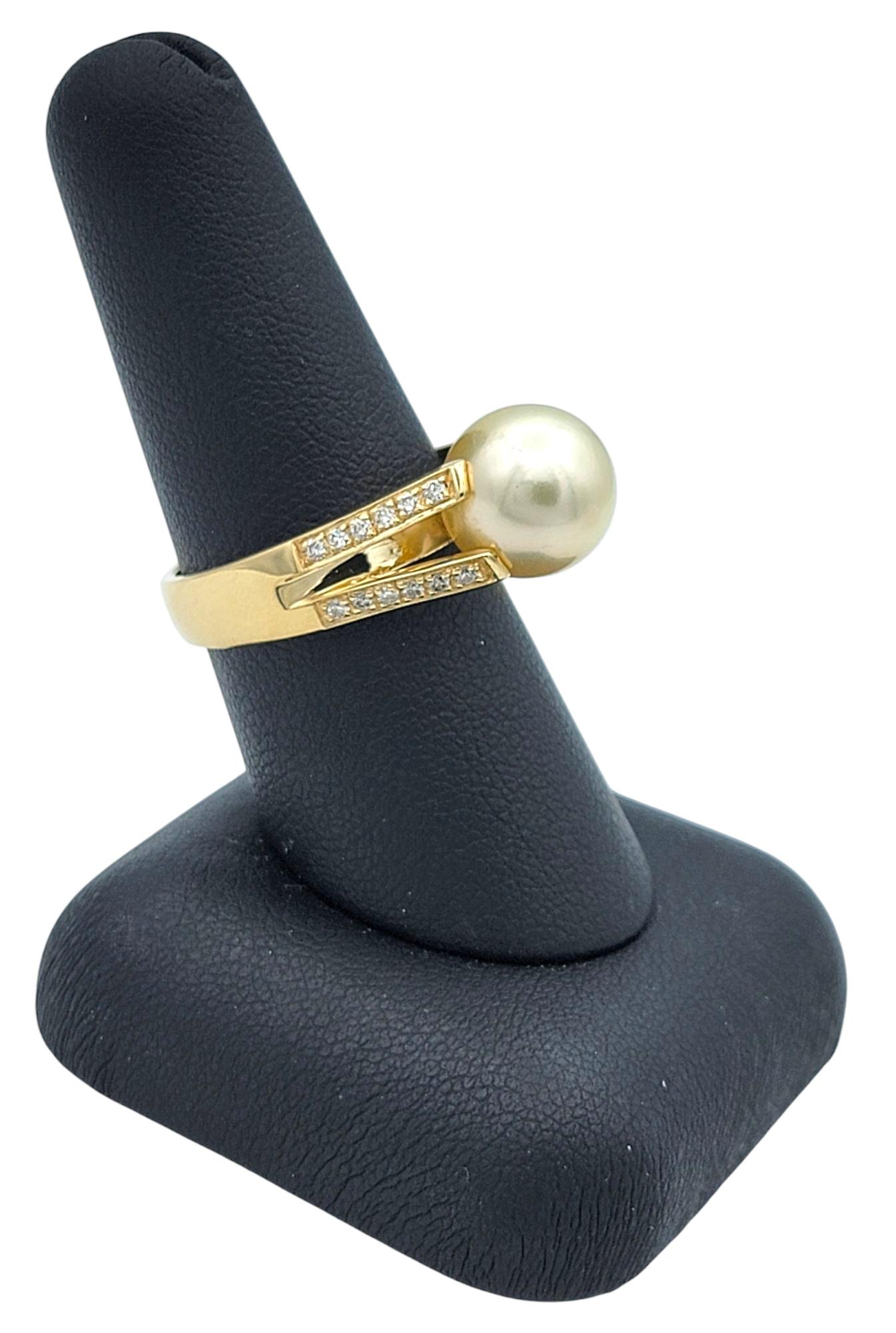 Pearl and Pavé Diamond Split Shank Cocktail Ring in 14 Karat Yellow Gold For Sale 4