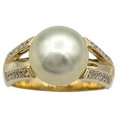Pearl and Pavé Diamond Split Shank Cocktail Ring in 14 Karat Yellow Gold