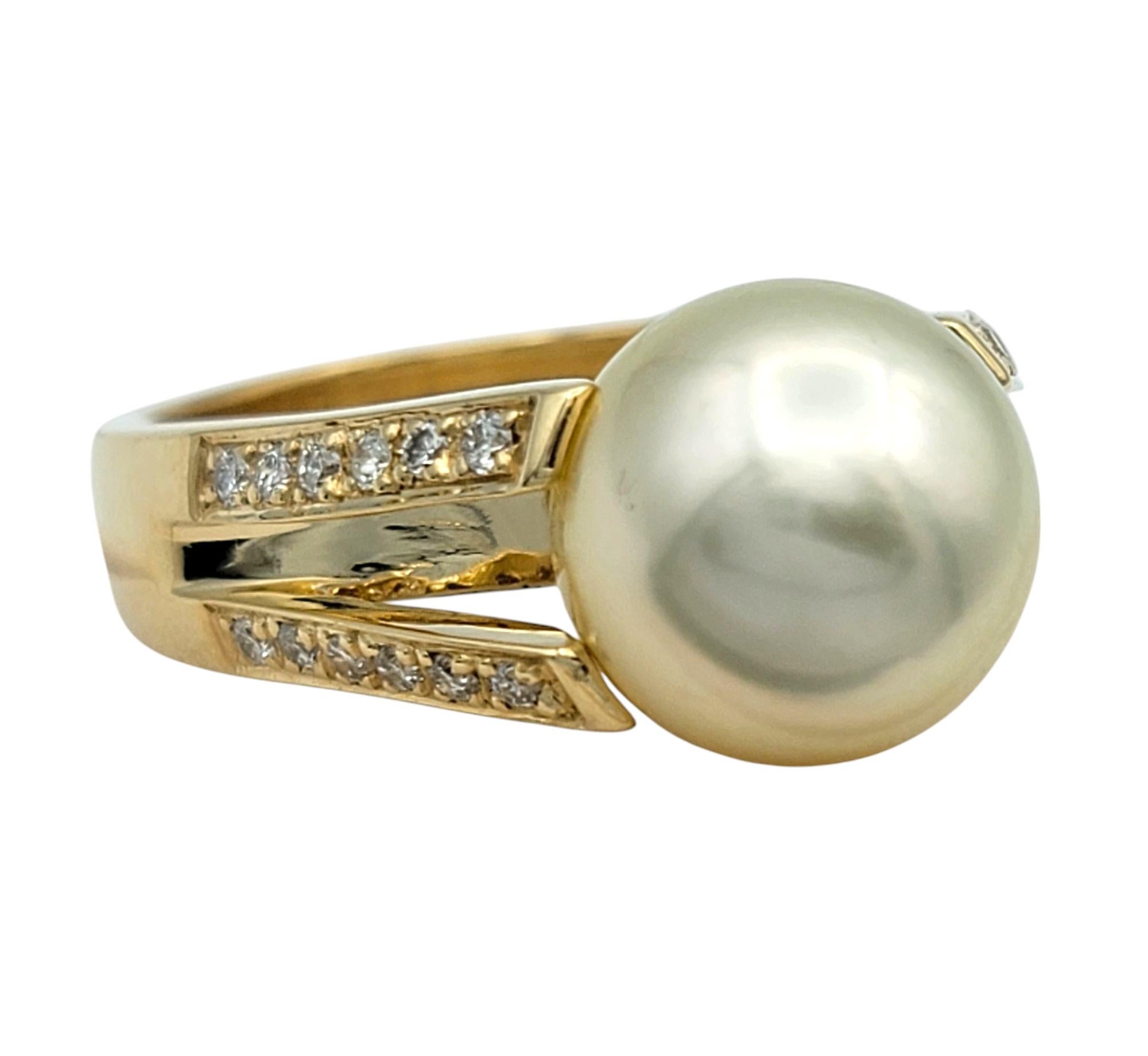Contemporary Pearl and Pavé Diamond Split Shank Cocktail Ring in 14 Karat Yellow Gold For Sale