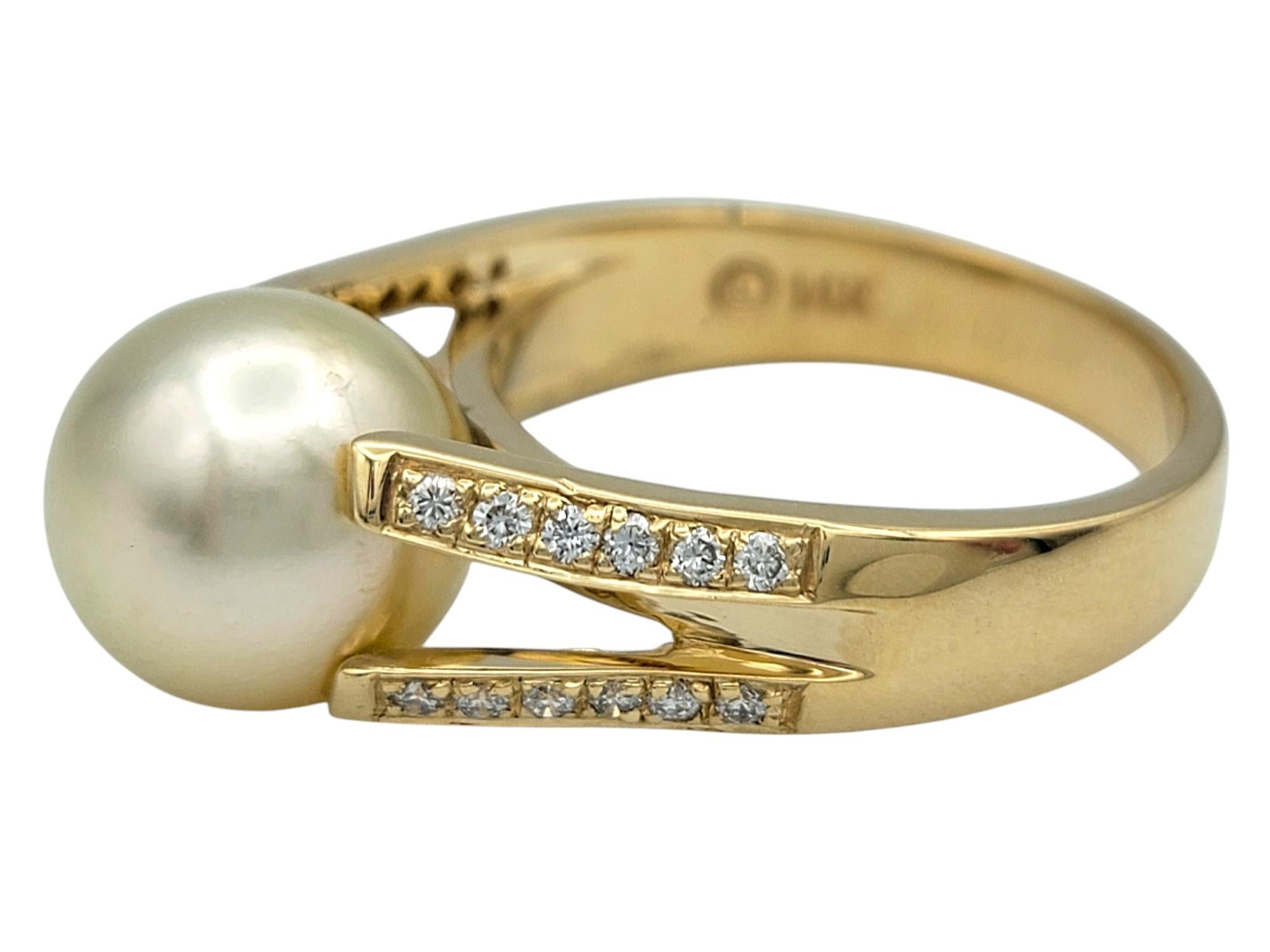 Round Cut Pearl and Pavé Diamond Split Shank Cocktail Ring in 14 Karat Yellow Gold For Sale