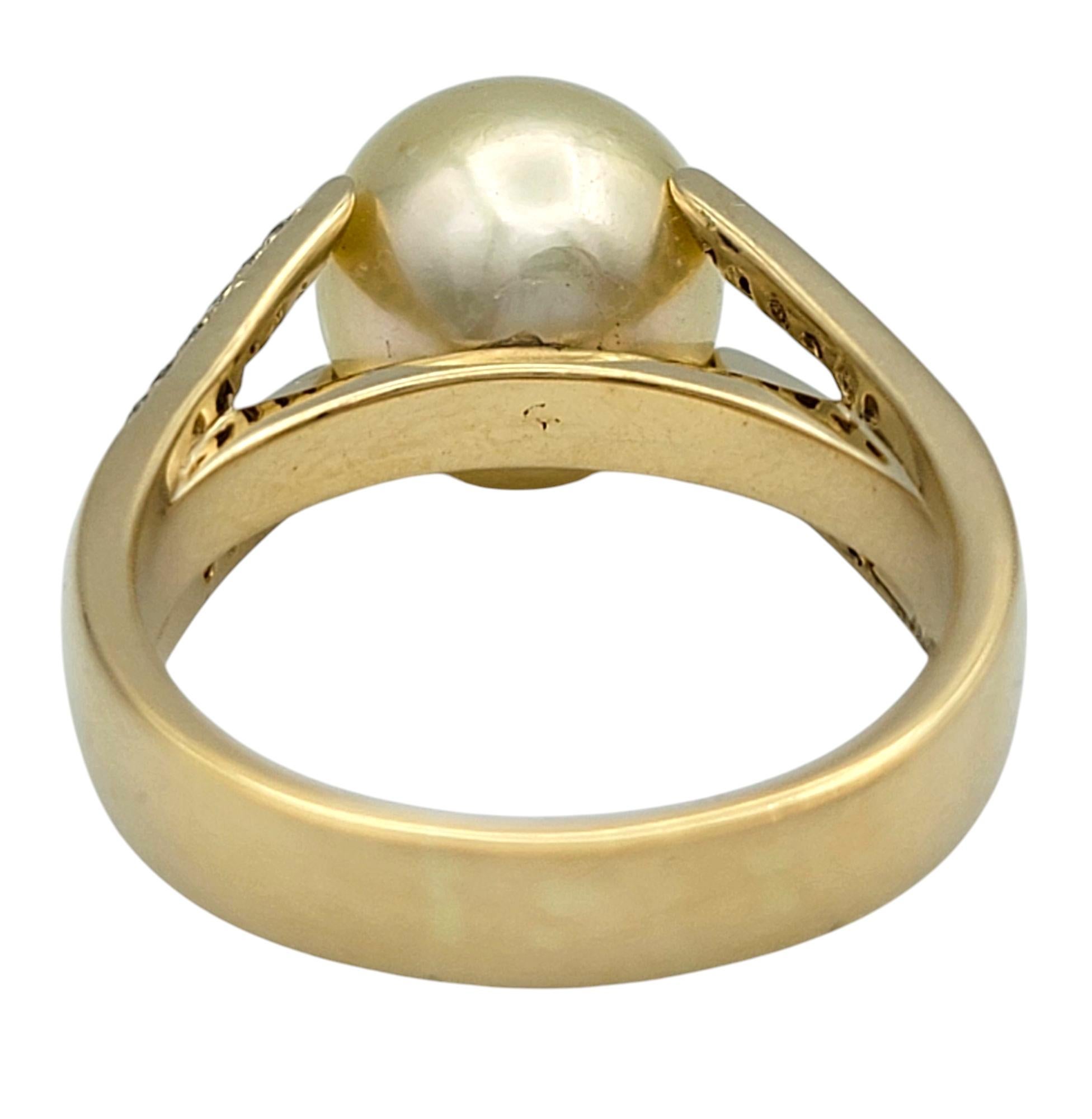 Pearl and Pavé Diamond Split Shank Cocktail Ring in 14 Karat Yellow Gold In Good Condition For Sale In Scottsdale, AZ