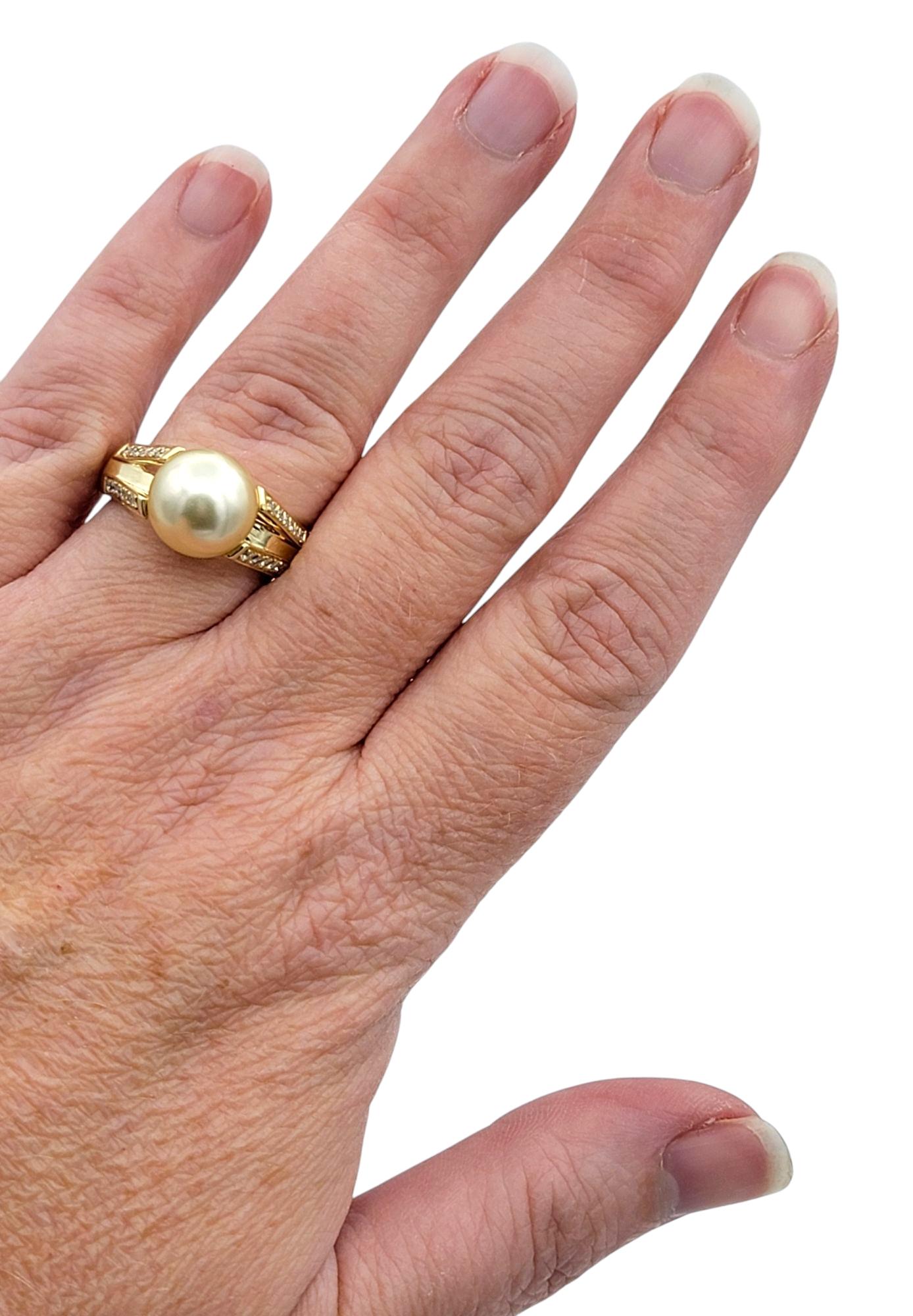 Pearl and Pavé Diamond Split Shank Cocktail Ring in 14 Karat Yellow Gold For Sale 1