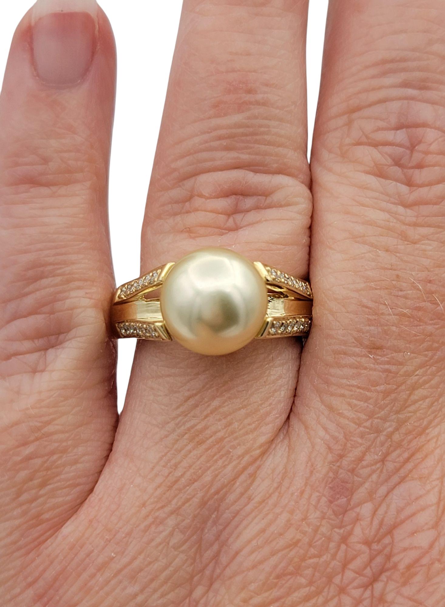 Pearl and Pavé Diamond Split Shank Cocktail Ring in 14 Karat Yellow Gold For Sale 2