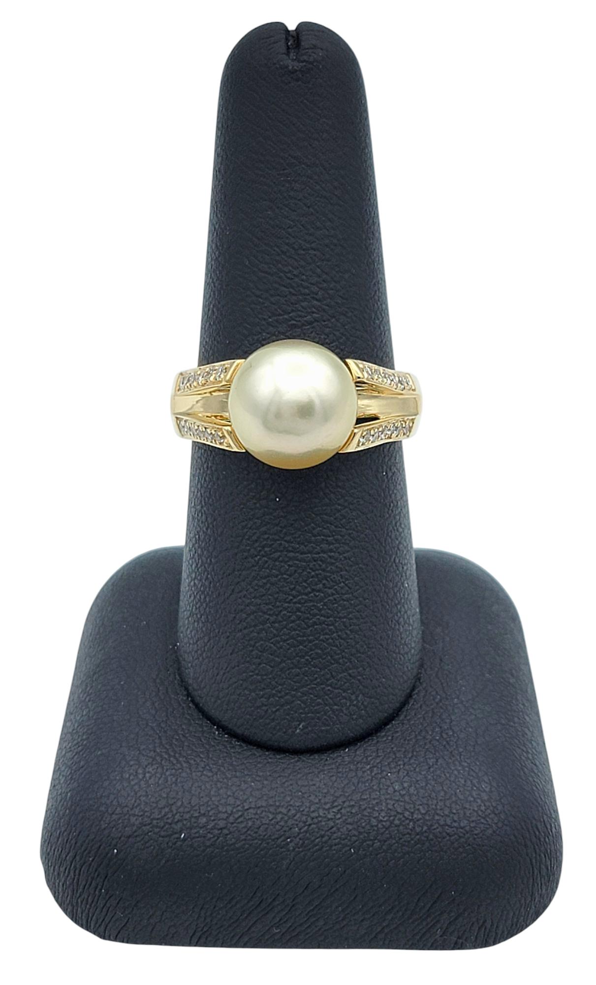 Pearl and Pavé Diamond Split Shank Cocktail Ring in 14 Karat Yellow Gold For Sale 3
