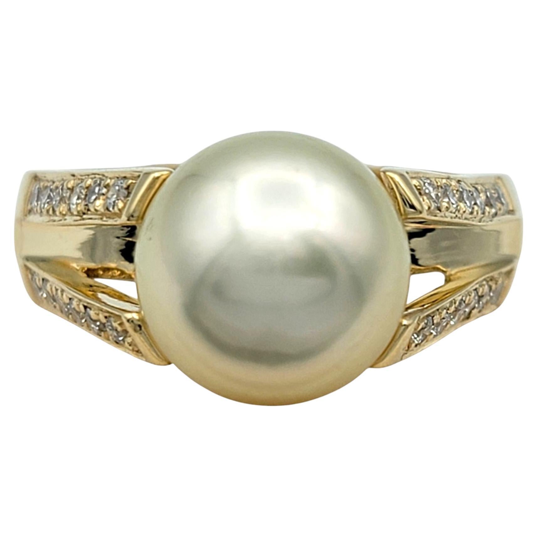 Pearl and Pavé Diamond Split Shank Cocktail Ring in 14 Karat Yellow Gold