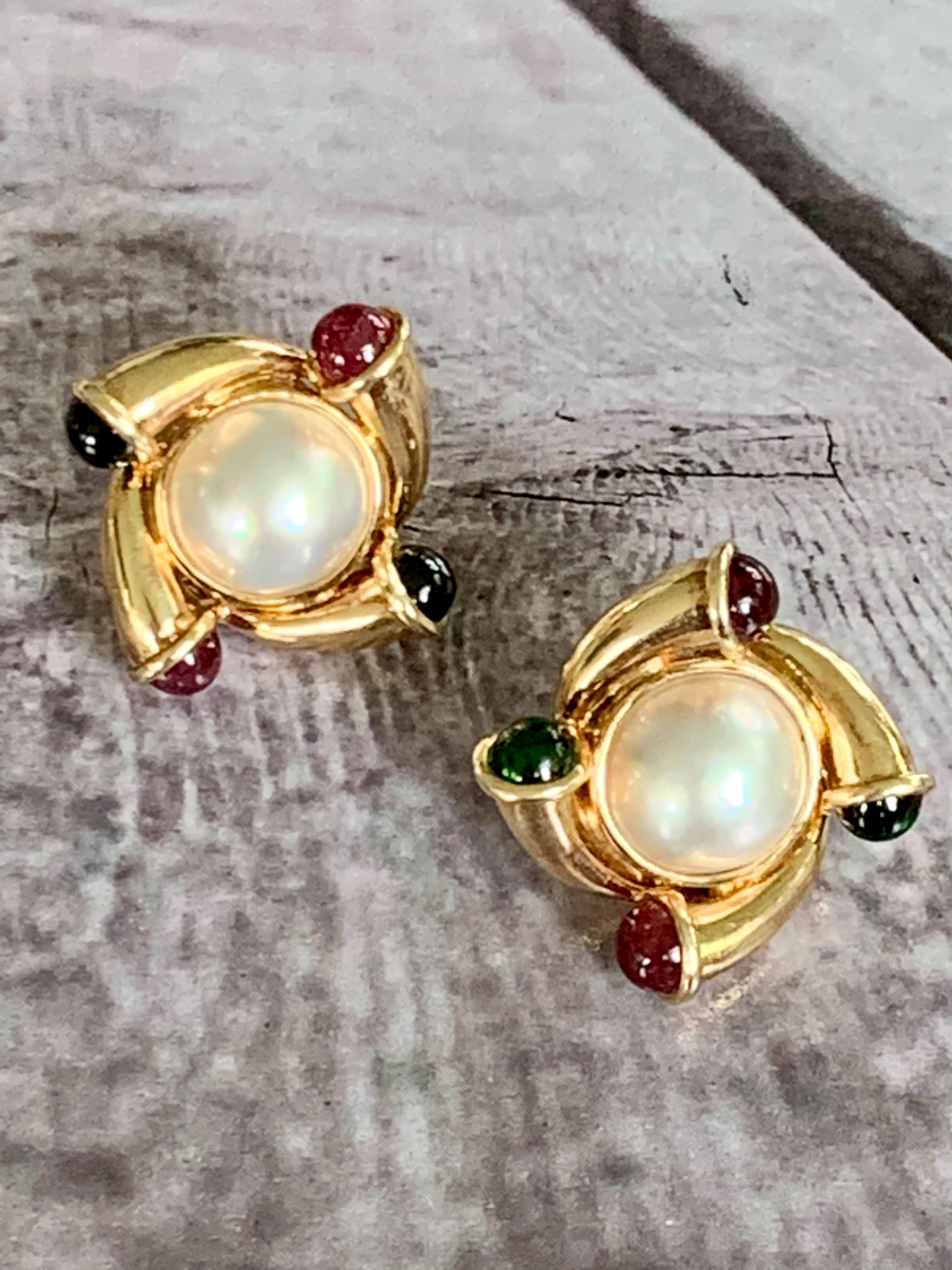 Cabochon Pearl and Red and Green Tourmaline 14 Karat Yellow Gold Clip-On Post Earrings