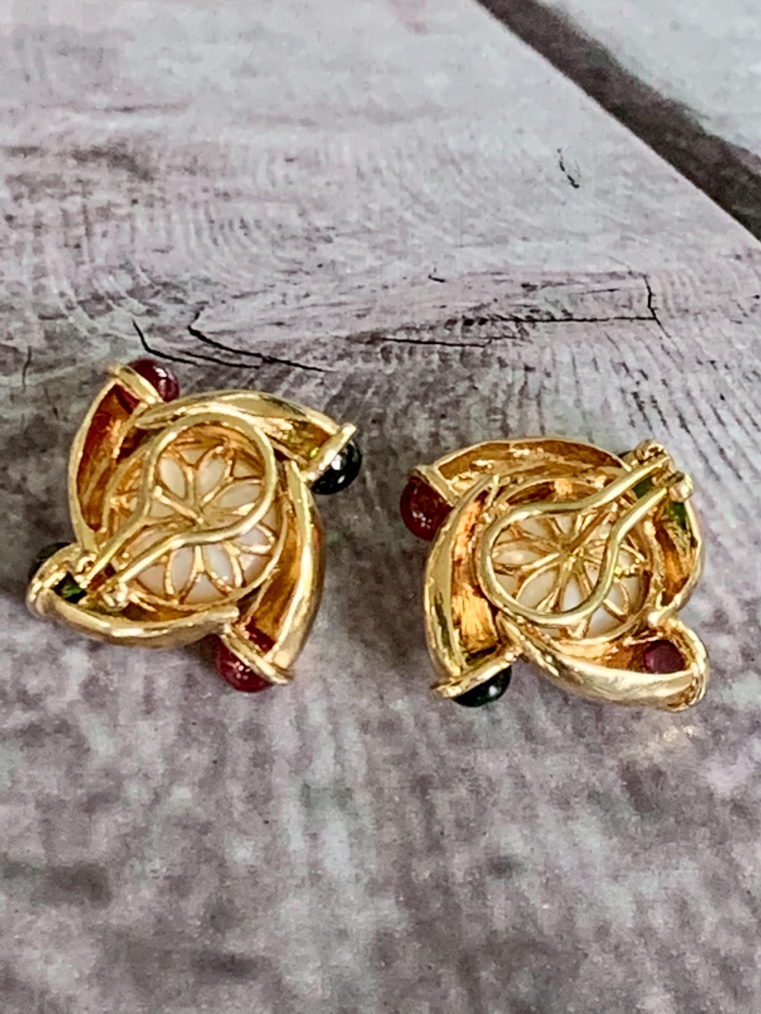 Pearl and Red and Green Tourmaline 14 Karat Yellow Gold Clip-On Post Earrings In Good Condition In St. Louis Park, MN