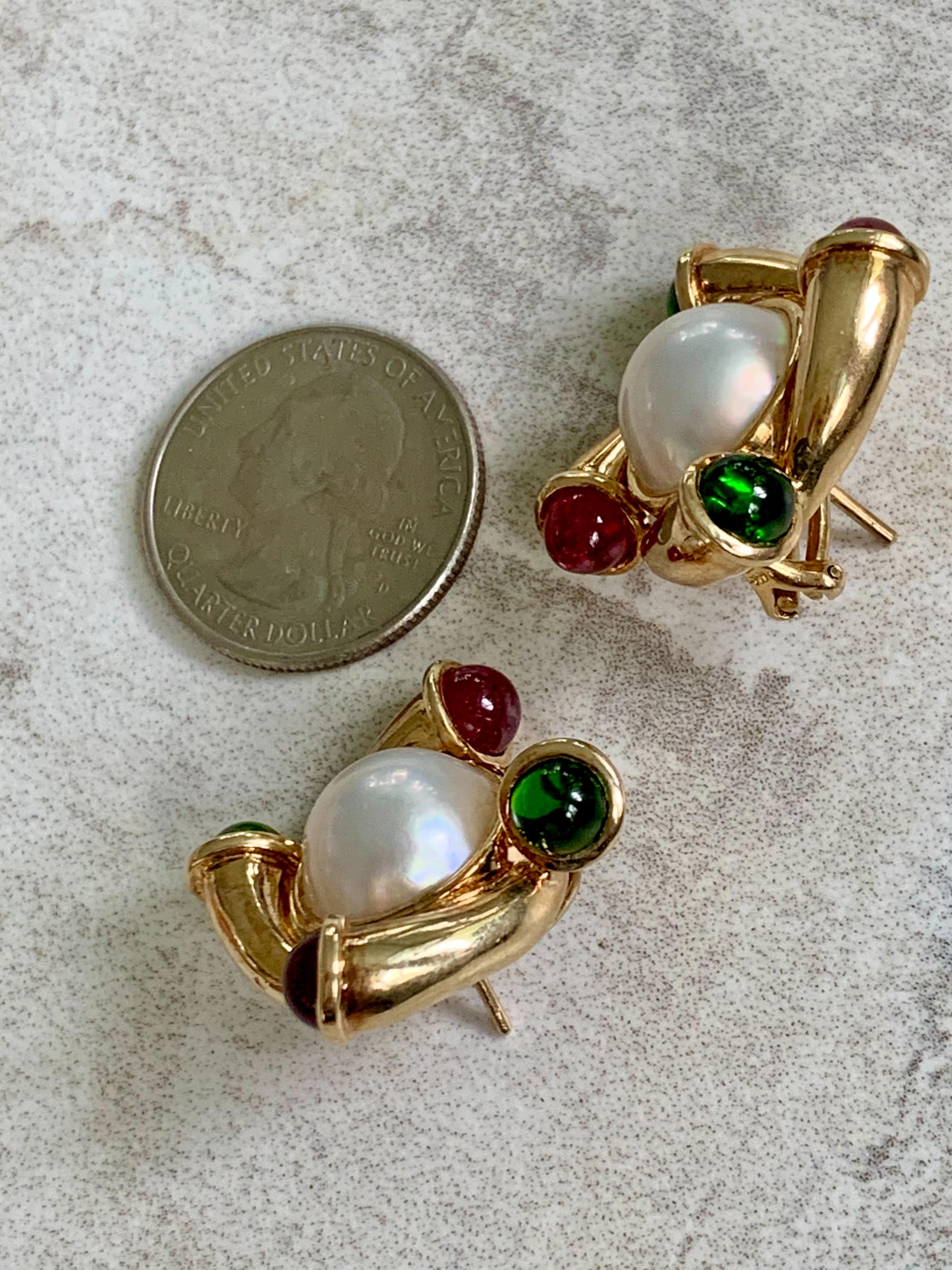 Women's Pearl and Red and Green Tourmaline 14 Karat Yellow Gold Clip-On Post Earrings