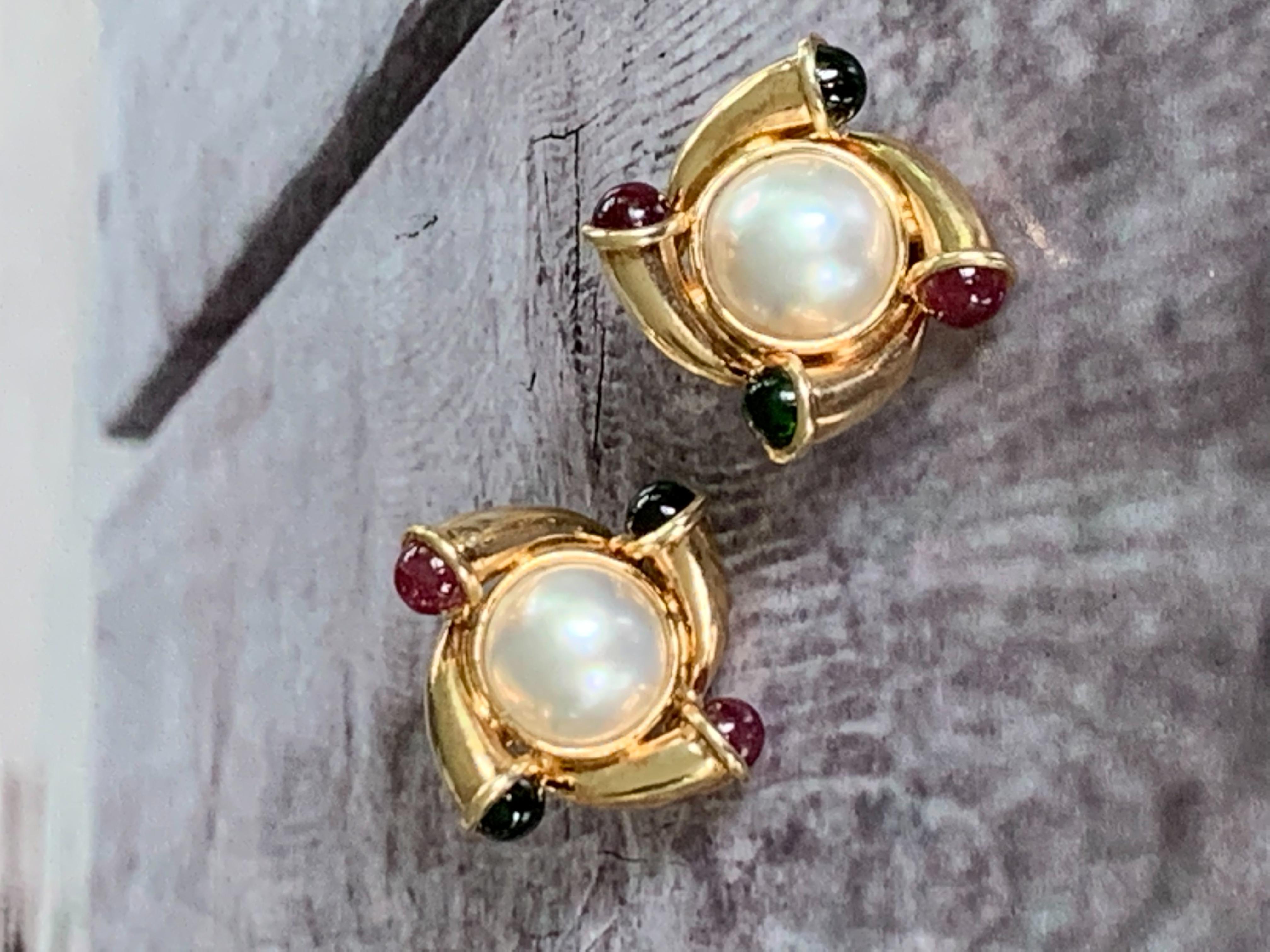 Pearl and Red and Green Tourmaline 14 Karat Yellow Gold Clip-On Post Earrings 3