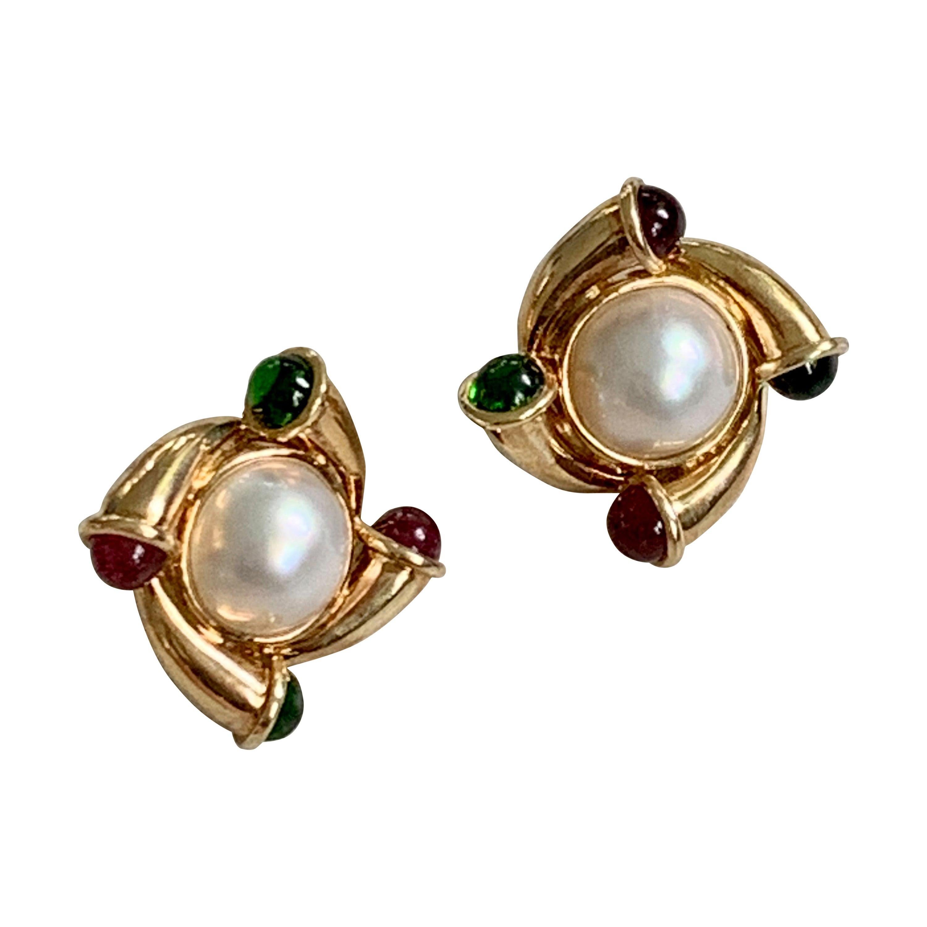 Pearl and Red and Green Tourmaline 14 Karat Yellow Gold Clip-On Post Earrings