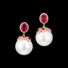 Pearl and Red Tourmaline Earrings in 18 Karat Rose Gold