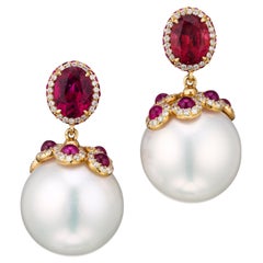 Pearl and Red Tourmaline Earrings in 18 Karat Rose Gold