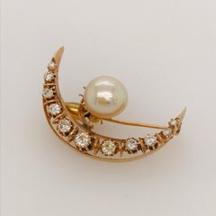 Pearl and Rose Cut Diamond Crescent Moon Brooch Victorian Circa 1885