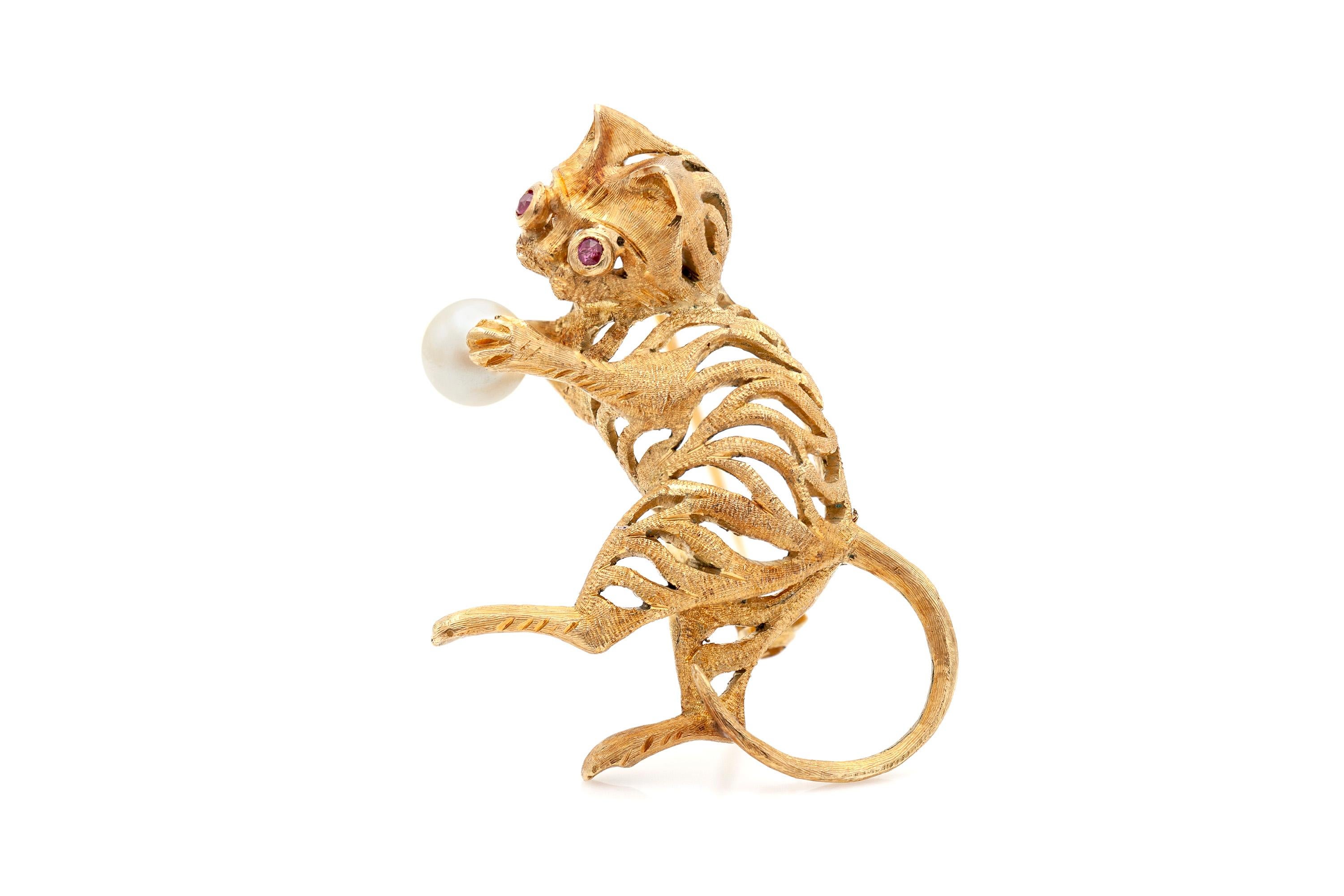 Ball Cut Pearl and Ruby Gold Cat Pin