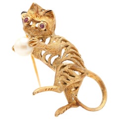 Pearl and Ruby Gold Cat Pin