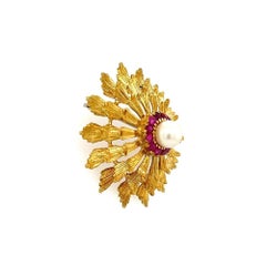 Pearl and Ruby Vintage HONORA Circle Gold Statement Brooch Pin