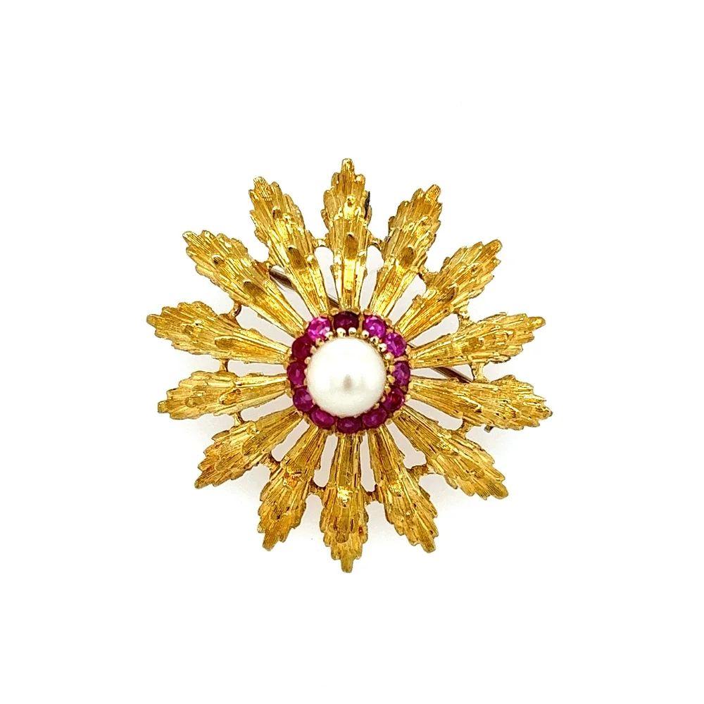 Round Cut Pearl and Ruby Vintage HONORA Circle Gold Statement Brooch Pin For Sale