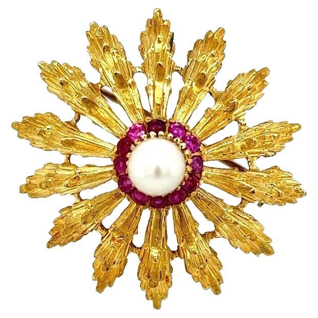 Pearl and Ruby Vintage HONORA Circle Gold Statement Brooch Pin For Sale