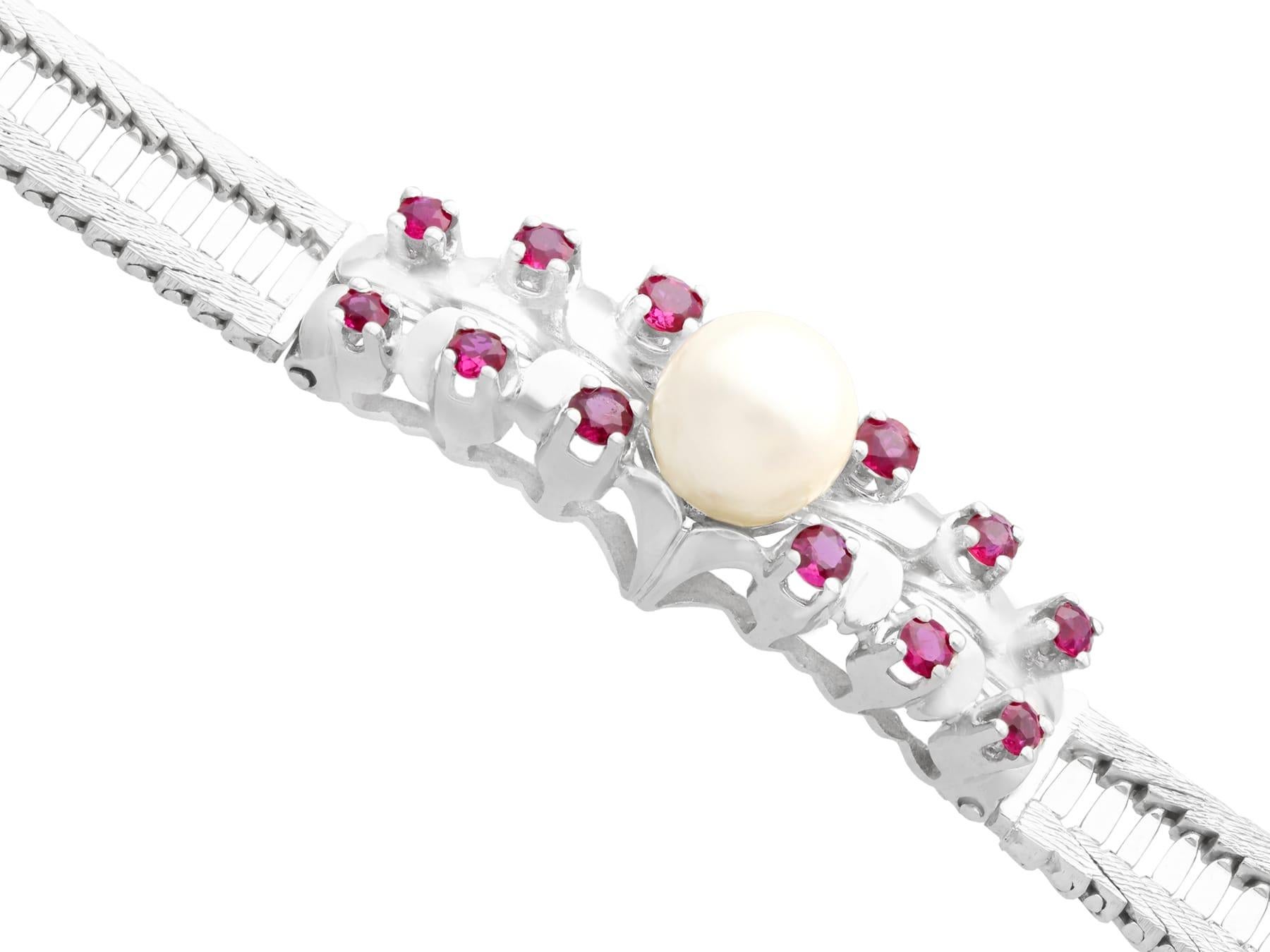 Round Cut Pearl and Ruby White Gold Bracelet For Sale