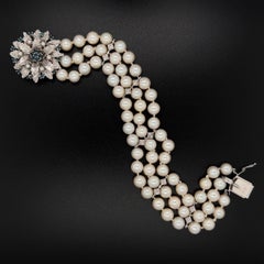 Pearl and Sapphire 3-Row Strand Gold Bracelet
