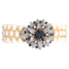 Pearl and Sapphire 3-Row Strand Gold Bracelet