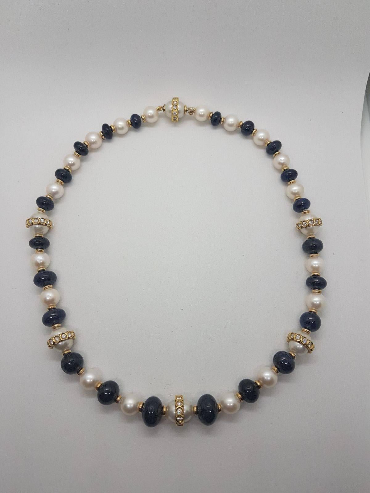 Classic Pearl (Japanese) and 18kt Yellow Gold Necklace with 2.10 Carats of Diamonds and 133 Carats of Sapphire Beads