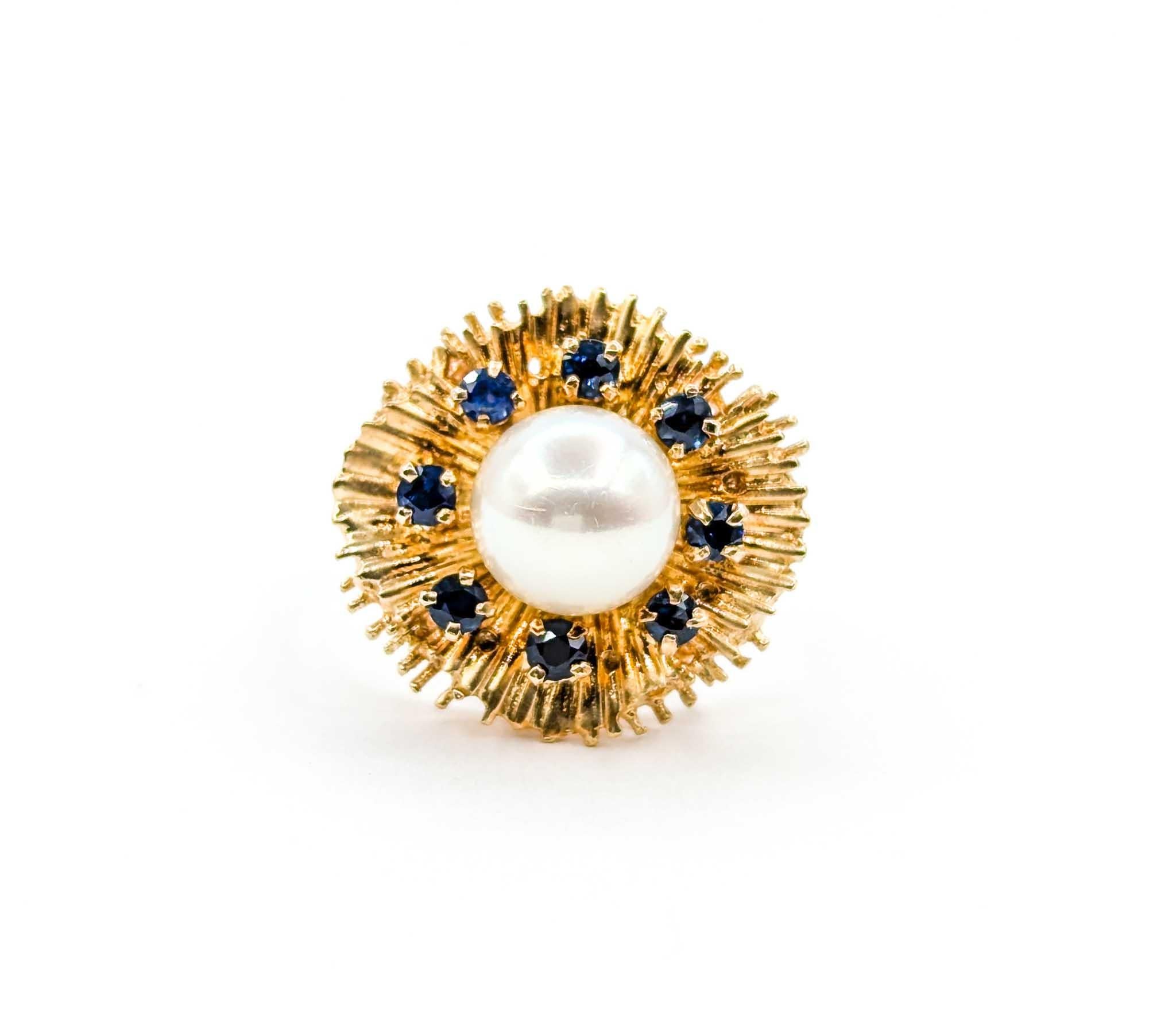 Pearl And Sapphire Starburst Ring Crafted in 14K Yellow Gold 5