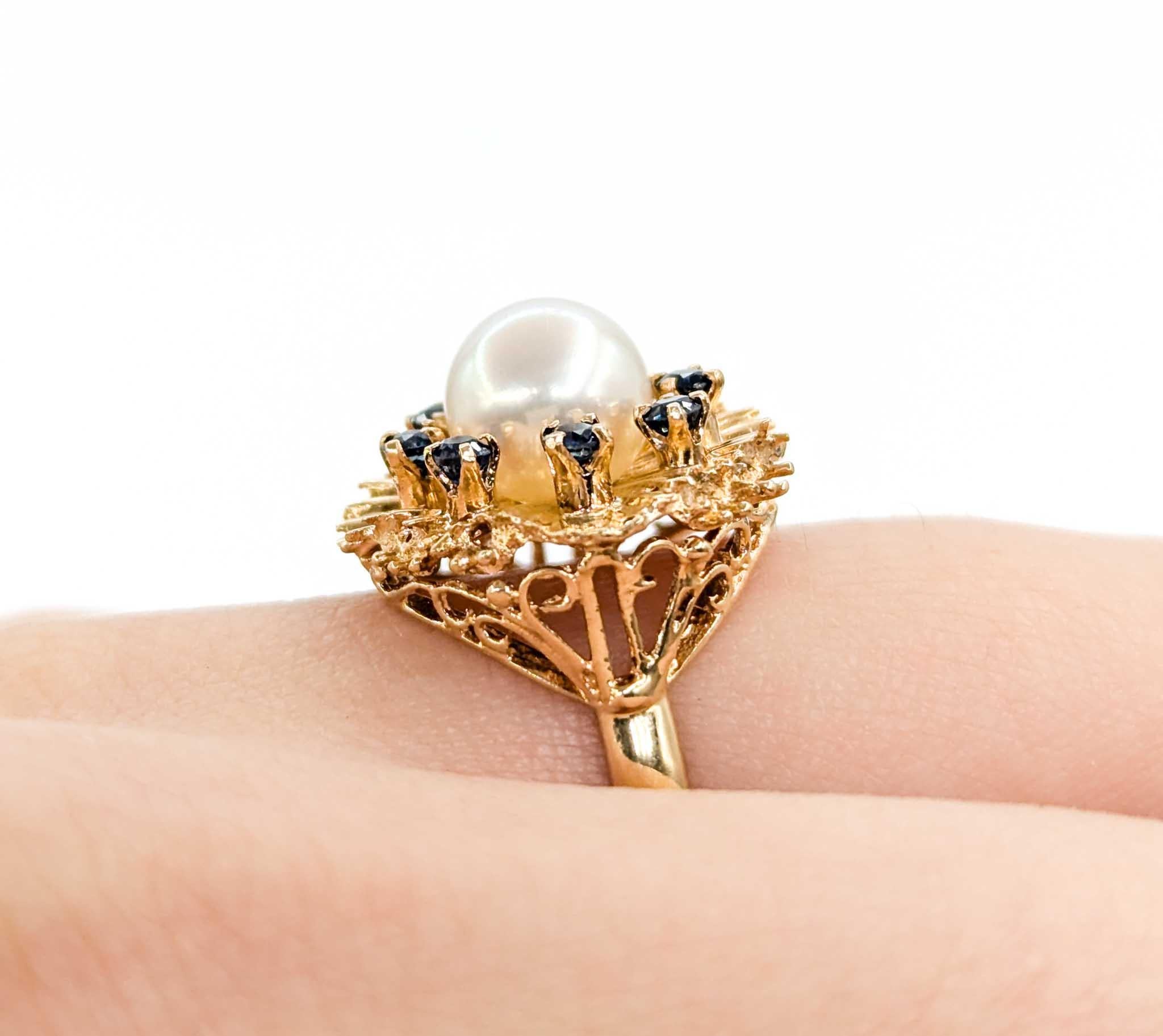 Round Cut Pearl And Sapphire Starburst Ring Crafted in 14K Yellow Gold