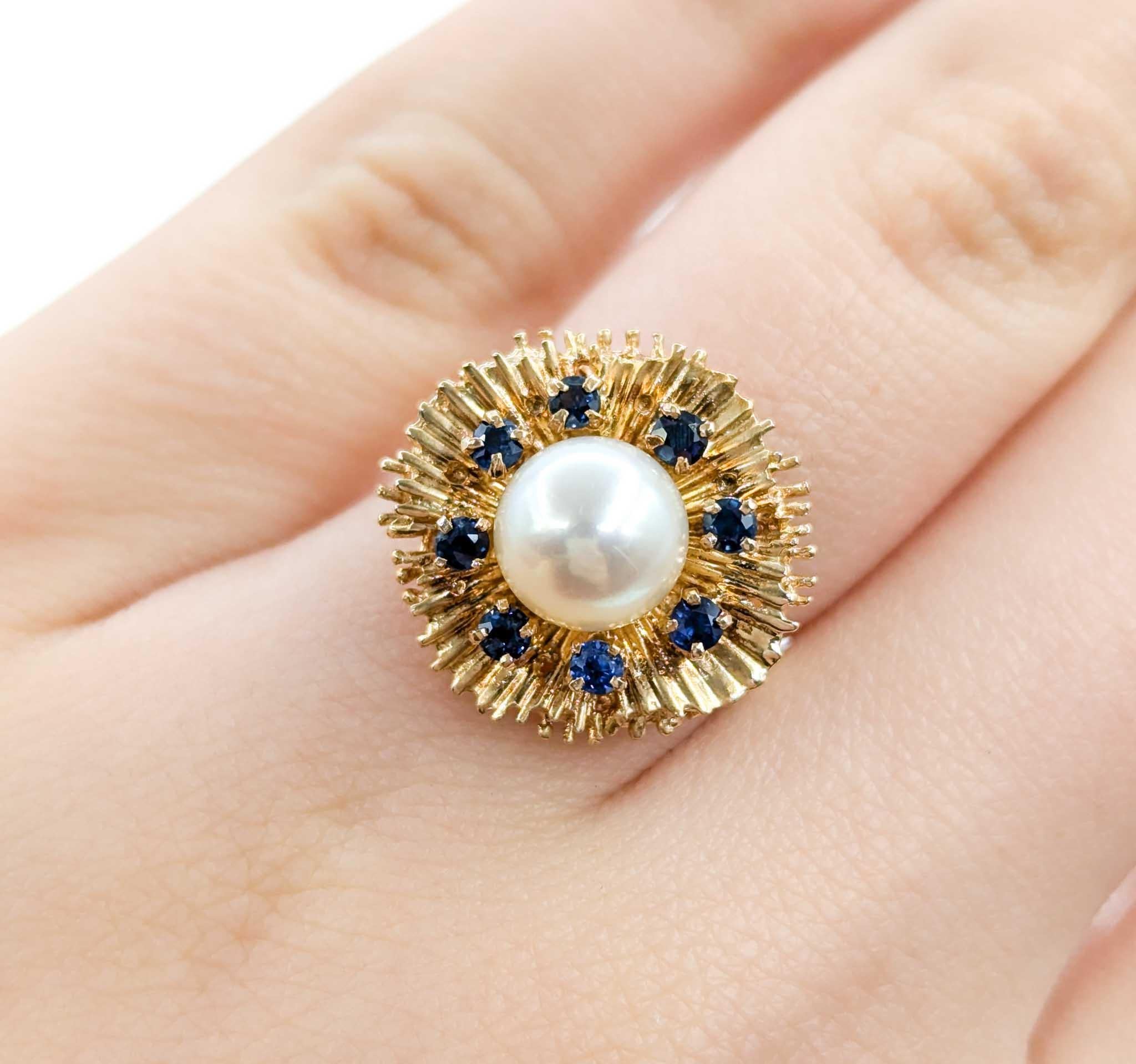Women's or Men's Pearl And Sapphire Starburst Ring Crafted in 14K Yellow Gold