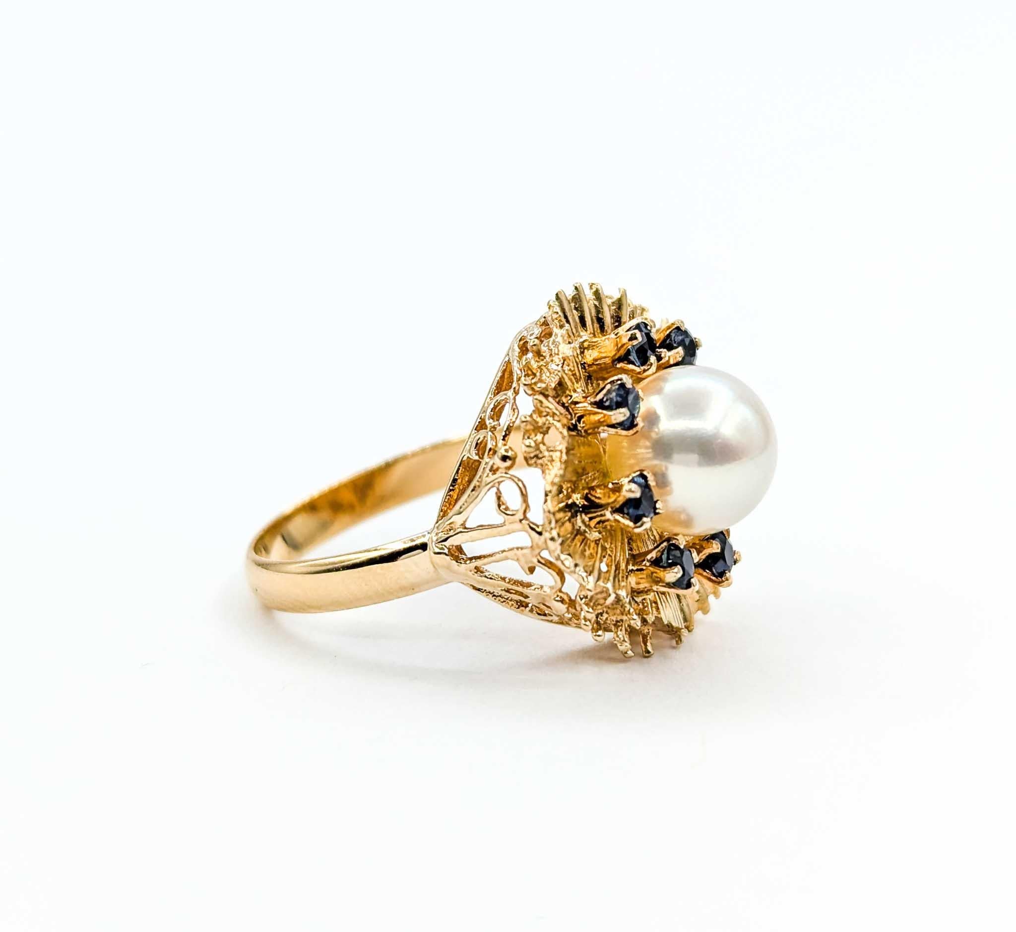 Pearl And Sapphire Starburst Ring Crafted in 14K Yellow Gold 3