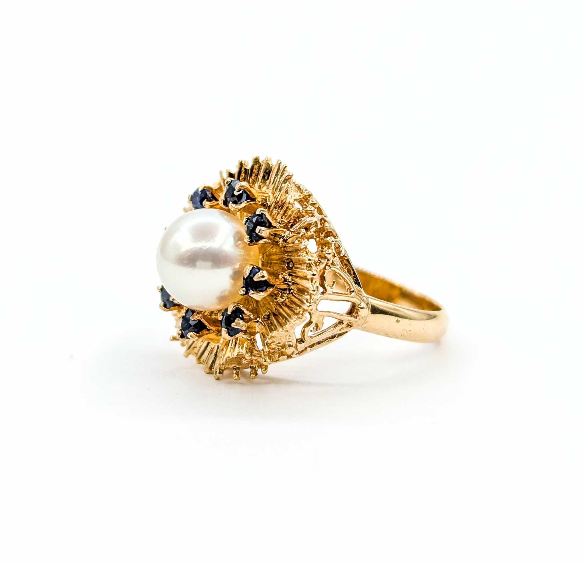 Pearl And Sapphire Starburst Ring Crafted in 14K Yellow Gold 4
