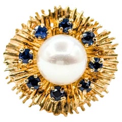 Pearl And Sapphire Starburst Ring Crafted in 14K Yellow Gold